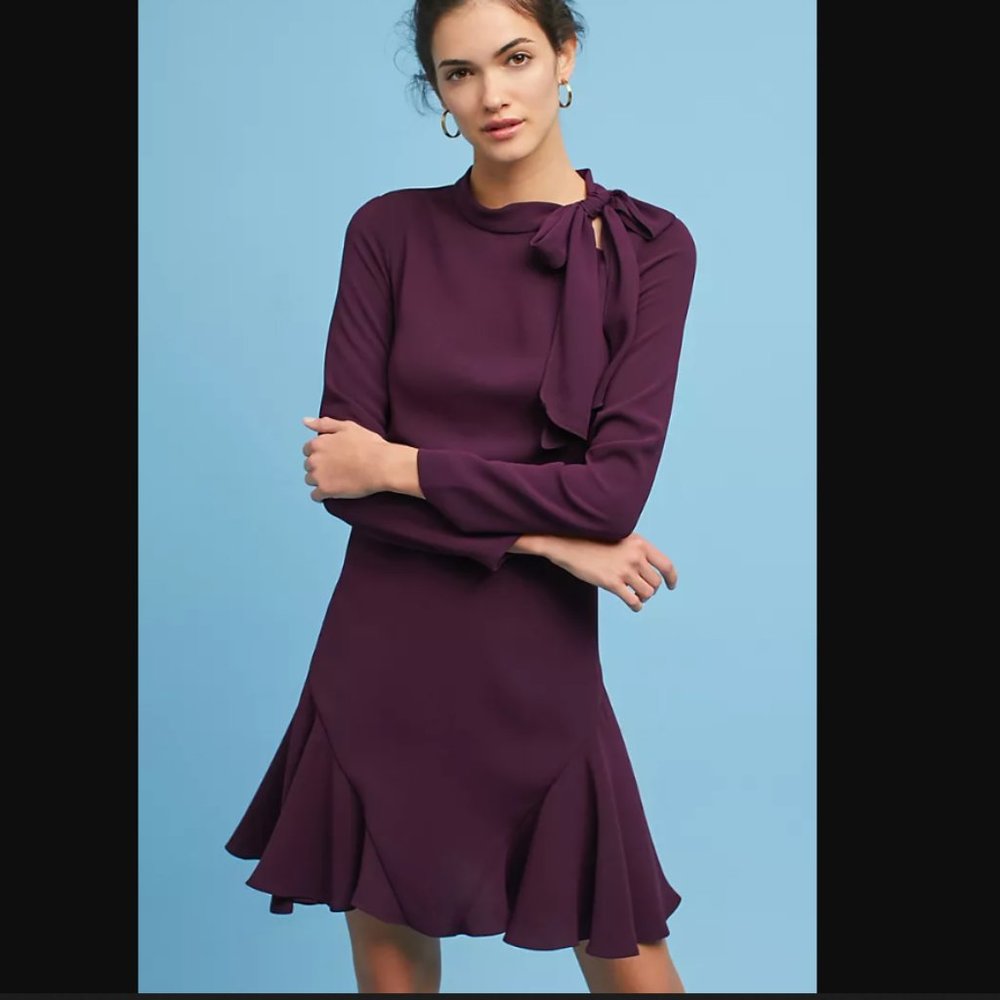 Anthropologie Shoshanna Cadham Bordeaux Crepe Ruffled Tie-Neck Dress